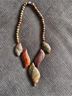 Multicolor Jasper Leaf Pendant Necklace - Earth Tone Beaded Design